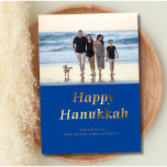 Happy Hanukkah Blue Gold Foil Photo Holiday Card<br><div class="desc">Blue and Gold foil Happy Hanukkah Holiday card. Add your family photo to personalize it.</div>