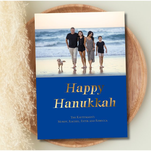 Happy Hanukkah Blue Gold Foil Photo Holiday Card (Hanukkah Holiday Card Photo Blue Gold Foil Personalized, Printed or Digital)