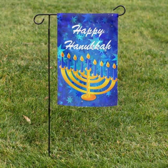 Happy Hanukkah Blue & Gold Menorah Garden Flag (In SItu)