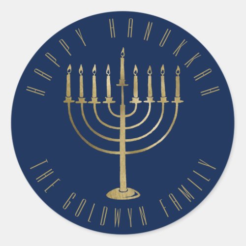 Happy Hanukkah Blue Gold Menorah Holiday Classic Round Sticker