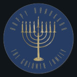 Happy Hanukkah 'Blue Gold Menorah Holiday Classic Round Sticker<br><div class="desc">This sticker features a gold colored menorah on a navy blue background. The message above it reads "Happy Hanukkah". Below the menorah is a place for your family name which you may personalize or remove if you'd like.</div>