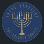 Happy Hanukkah 'Blue Gold Menorah Holiday Classic Round Sticker<br><div class="desc">This sticker features a gold colored menorah on a navy blue background. The message above it reads "Happy Hanukkah". Below the menorah is a place for your family name which you may personalize or remove if you'd like.</div>