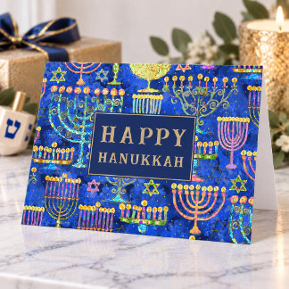 Happy Hanukkah Blue Gold Menorah Star of David Holiday Card