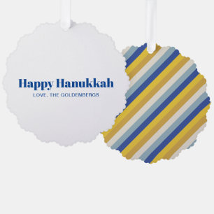 Happy Hanukkah blue gold modern stripes custom Ornament Card