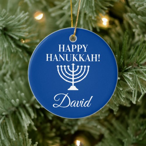 Happy Hanukkah blue menorah custom Jewish Holiday Ceramic Ornament