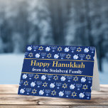 Happy Hanukkah Blue Menorah Star of David Pattern Card<br><div class="desc">Beautiful personalized Happy Hanukkah card in pretty blue with a cool pattern of Judaism star,  dreidel for fun Chanukah games,  and the Jewish menorah for the holiday.</div>