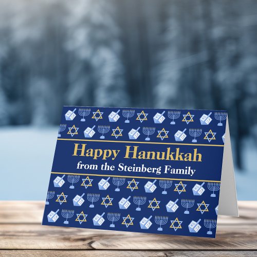 Happy Hanukkah Blue Menorah Star of David Pattern Card
