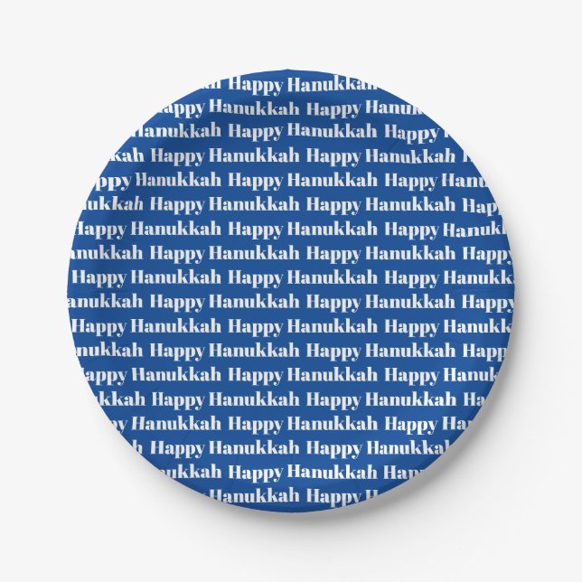 Happy Hanukkah blue modern typography pattern Paper Plates (Front)