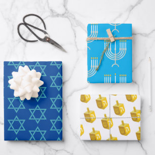 Happy Hanukkah Blue Star Menorah Dreidel Wrapping Paper Sheets