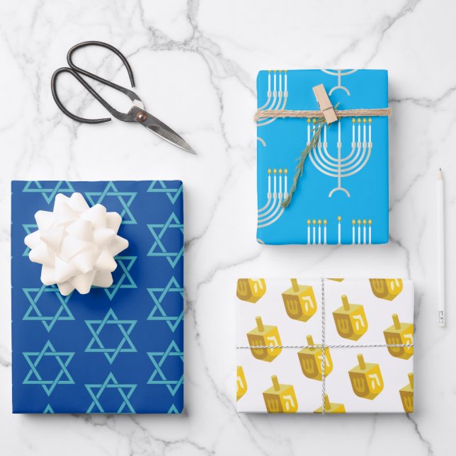 Happy Hanukkah Blue Star Menorah Dreidel Wrapping Paper Sheets (Front)