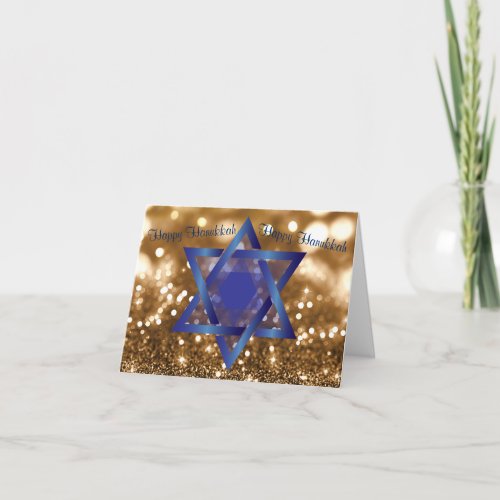Happy Hanukkah Blue Star of David Golden Bokeh Holiday Card