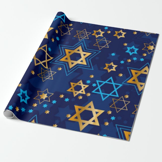 Happy Hanukkah Blue Star of David Menorah Wrapping Paper (Unrolled)