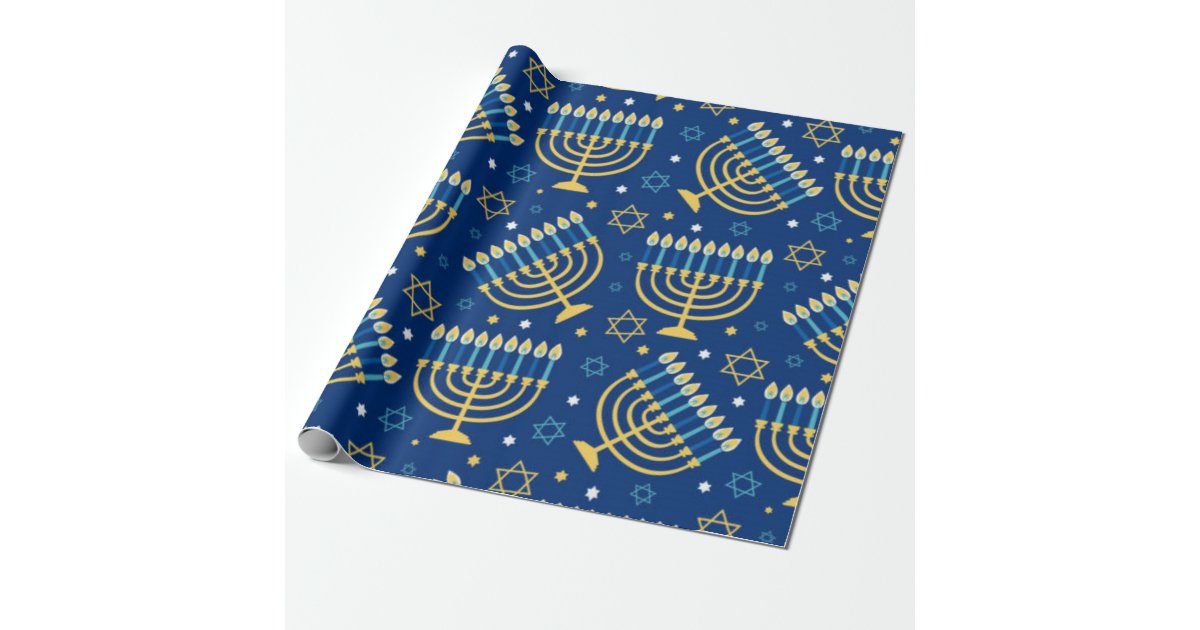 Happy Hanukkah Blue Star of David Menorah Wrapping Paper | Zazzle
