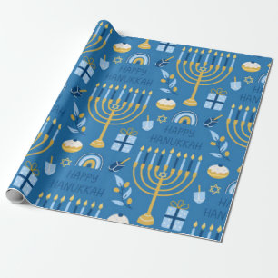 Happy Hanukkah Blue Star of David Menorah Wrapping Paper