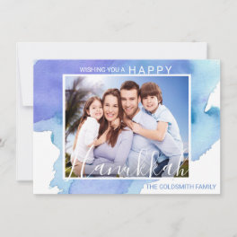 Happy Hanukkah Blue Watercolor Menorah PHOTO Card