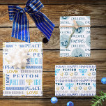 Happy Hanukkah Blue White Childs Name Typography Wrapping Paper Sheets<br><div class="desc">Add your child's name to this cute blue on white Happy Hanukkah typography wrapping paper for a personalized touch to your Festival of Lights. Sheet One features a mix of fun fonts in various shades of blue, from light to dark, along with touches of yellow gold and gray on white....</div>