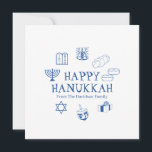Happy Hanukkah blue white custom family name card<br><div class="desc">Happy Hanukkah,  customize family name greeting card.
Happy Hanukkah,  Happy Chanukah,  Hanukkah Sameach!,  Chag Sameach!,  Chag Urim Sameach!
Blue and white</div>
