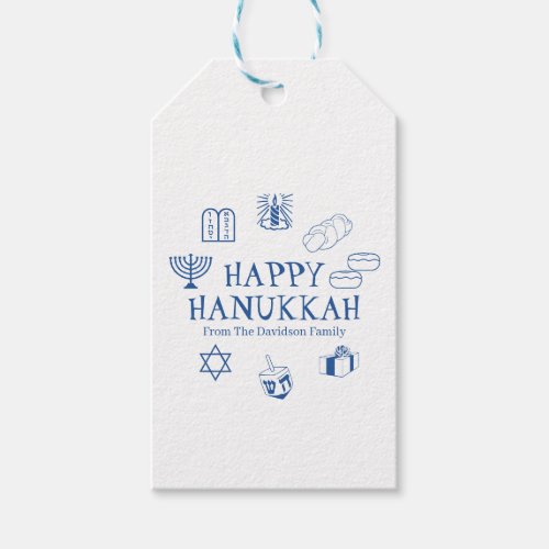 Happy Hanukkah blue white custom family name Gift Tags