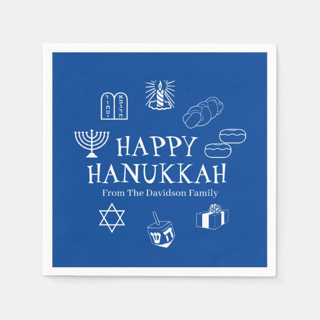 Happy Hanukkah blue & white custom family name Napkins (Front)
