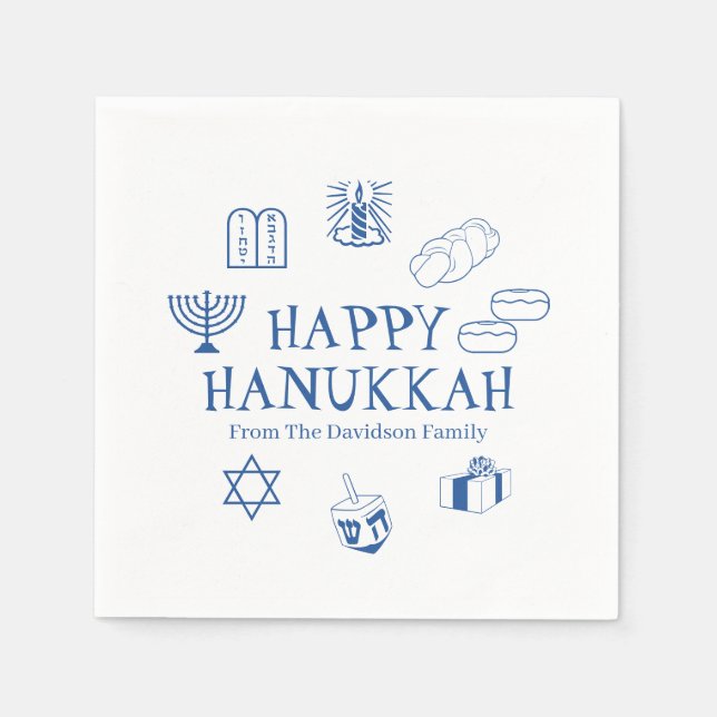 Happy Hanukkah blue white custom family name Napkins (Front)