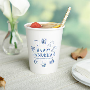 Happy Hanukkah blue white custom family name Paper Cups