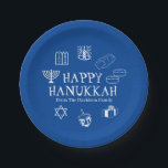 Happy Hanukkah blue & white custom family name Paper Plates<br><div class="desc">Happy Hanukkah,  customize family name party Paper Plates.
Happy Hanukkah,  Happy Chanukah,  Hanukkah Sameach!,  Chag Sameach!,  Chag Urim Sameach!
Blue and white</div>