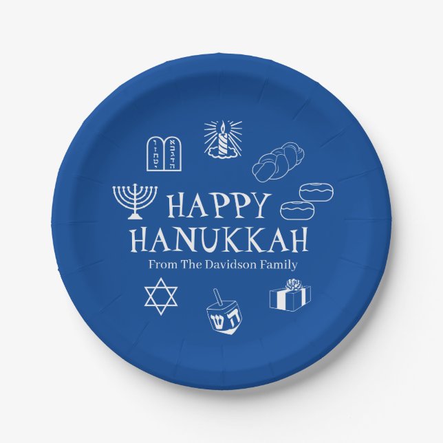 Happy Hanukkah blue & white custom family name Paper Plates (Front)