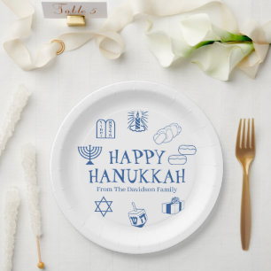 Happy Hanukkah blue white custom family name Paper Plates