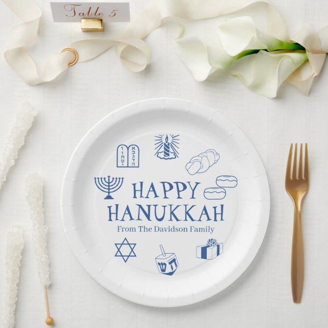 Happy Hanukkah blue white custom family name Paper Plates (Wedding)