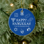Happy Hanukkah blue & white custom name favors Ceramic Ornament<br><div class="desc">Happy Hanukkah,  customize family name gift favor holiday Ceramic Ornament.
Happy Hanukkah,  Happy Chanukah,  Hanukkah Sameach!,  Chag Sameach!,  Chag Urim Sameach!
Blue and white</div>