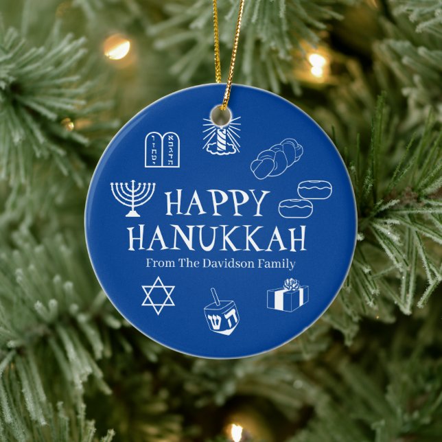 Happy Hanukkah blue & white custom name favors Ceramic Ornament (Tree)