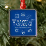 Happy Hanukkah blue & white custom name favors  Metal Ornament<br><div class="desc">Happy Hanukkah,  customize family name gift favor holiday Metal Ornament.
Happy Hanukkah,  Happy Chanukah,  Hanukkah Sameach!,  Chag Sameach!,  Chag Urim Sameach!
Blue and white</div>