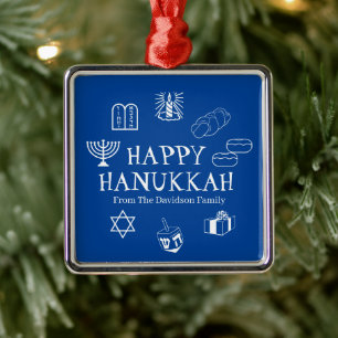 Happy Hanukkah blue & white custom name favors  Metal Ornament