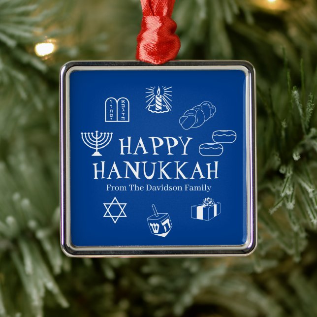 Happy Hanukkah blue & white custom name favors  Metal Ornament (Tree)
