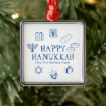 Happy Hanukkah blue white custom name favors Metal Ornament<br><div class="desc">Happy Hanukkah,  customize family name gift favor holiday Metal Ornament.
Happy Hanukkah,  Happy Chanukah,  Hanukkah Sameach!,  Chag Sameach!,  Chag Urim Sameach!
Blue and white</div>
