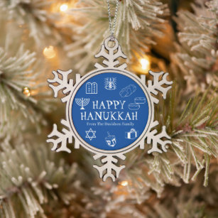 Happy Hanukkah blue & white custom name favors Snowflake Pewter Christmas Ornament