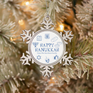 Happy Hanukkah blue white custom name favors  Snowflake Pewter Christmas Ornament