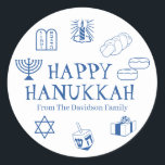 Happy Hanukkah blue white custom name gift favor  Classic Round Sticker<br><div class="desc">Happy Hanukkah,  customize family name gift favor stickers 
Happy Hanukkah,  Happy Chanukah,  Hanukkah Sameach!,  Chag Sameach!,  Chag Urim Sameach!
Blue and white</div>