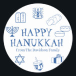Happy Hanukkah blue white custom name gift favor  Classic Round Sticker<br><div class="desc">Happy Hanukkah,  customize family name gift favor stickers 
Happy Hanukkah,  Happy Chanukah,  Hanukkah Sameach!,  Chag Sameach!,  Chag Urim Sameach!
Blue and white</div>
