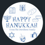 Happy Hanukkah blue white custom name gift favor  Classic Round Sticker<br><div class="desc">Happy Hanukkah,  customize family name gift favor stickers 
Happy Hanukkah,  Happy Chanukah,  Hanukkah Sameach!,  Chag Sameach!,  Chag Urim Sameach!
Blue and white</div>