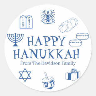 Happy Hanukkah blue white custom name gift favor  Classic Round Sticker