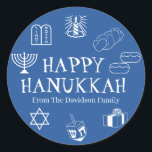 Happy Hanukkah blue white custom name gift favor Classic Round Sticker<br><div class="desc">Happy Hanukkah,  customize family name gift favor stickers 
Happy Hanukkah,  Happy Chanukah,  Hanukkah Sameach!,  Chag Sameach!,  Chag Urim Sameach!
Blue and white</div>