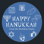 Happy Hanukkah blue white custom name gift favor Classic Round Sticker<br><div class="desc">Happy Hanukkah,  customize family name gift favor stickers 
Happy Hanukkah,  Happy Chanukah,  Hanukkah Sameach!,  Chag Sameach!,  Chag Urim Sameach!
Blue and white</div>