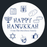 Happy Hanukkah blue white custom name gift favors Classic Round Sticker<br><div class="desc">Happy Hanukkah,  customize family name gift favor stickers 
Happy Hanukkah,  Happy Chanukah,  Hanukkah Sameach!,  Chag Sameach!,  Chag Urim Sameach!
Navy blue and white</div>