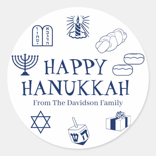 Happy Hanukkah blue white custom name gift favors Classic Round Sticker (Front)