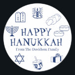 Happy Hanukkah blue white custom name gift favors Classic Round Sticker<br><div class="desc">Happy Hanukkah,  customize family name gift favor stickers 
Happy Hanukkah,  Happy Chanukah,  Hanukkah Sameach!,  Chag Sameach!,  Chag Urim Sameach!
Navy blue and white</div>