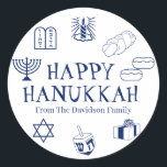 Happy Hanukkah blue white custom name gift favors Classic Round Sticker<br><div class="desc">Happy Hanukkah,  customize family name gift favor stickers 
Happy Hanukkah,  Happy Chanukah,  Hanukkah Sameach!,  Chag Sameach!,  Chag Urim Sameach!
Navy blue and white</div>