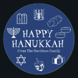 Happy Hanukkah blue white custom name gift favors Classic Round Sticker<br><div class="desc">Happy Hanukkah,  customize family name gift favor stickers 
Happy Hanukkah,  Happy Chanukah,  Hanukkah Sameach!,  Chag Sameach!,  Chag Urim Sameach!
Navy blue and white</div>