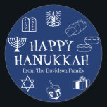 Happy Hanukkah blue white custom name gift favors Classic Round Sticker<br><div class="desc">Happy Hanukkah,  customize family name gift favor stickers 
Happy Hanukkah,  Happy Chanukah,  Hanukkah Sameach!,  Chag Sameach!,  Chag Urim Sameach!
Navy blue and white</div>