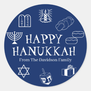 Happy Hanukkah blue white custom name gift favors Classic Round Sticker